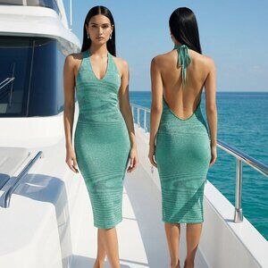 NWT $148 RESORT 2026! REVOLVE RUMORED Riptide knit midi halter dress emerald M